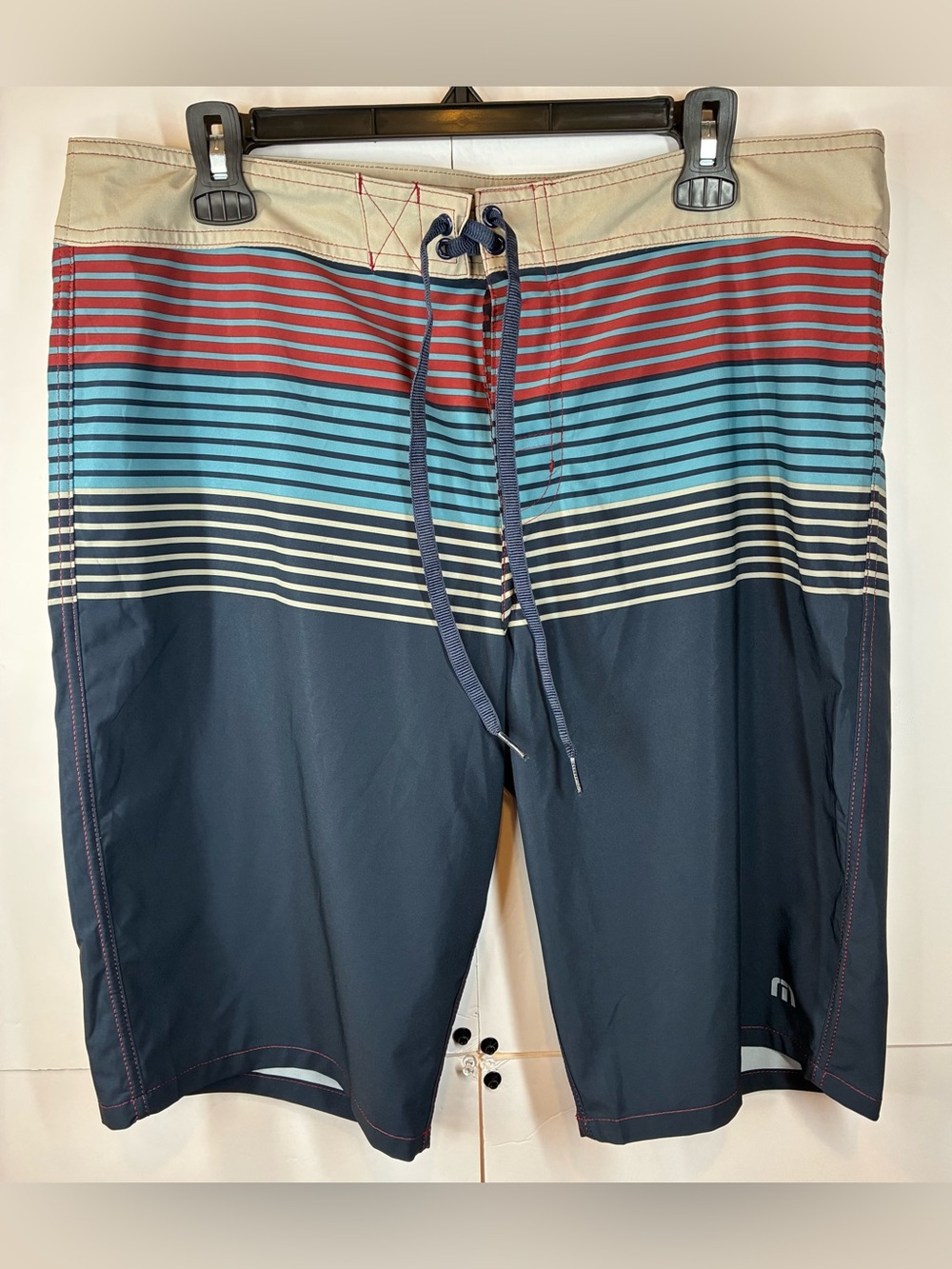 TravisMathew Men’s Board Shorts Size 34 Blue Red Striped Swim Surf Shorts